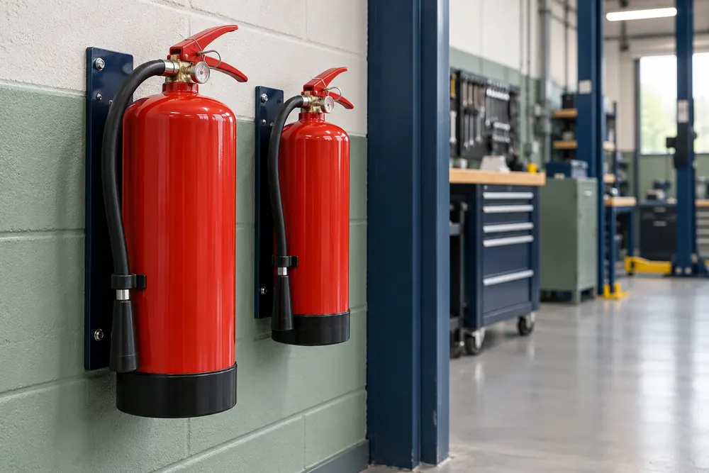 Portable red fire extinguishers mounted in a clean commercial workshop